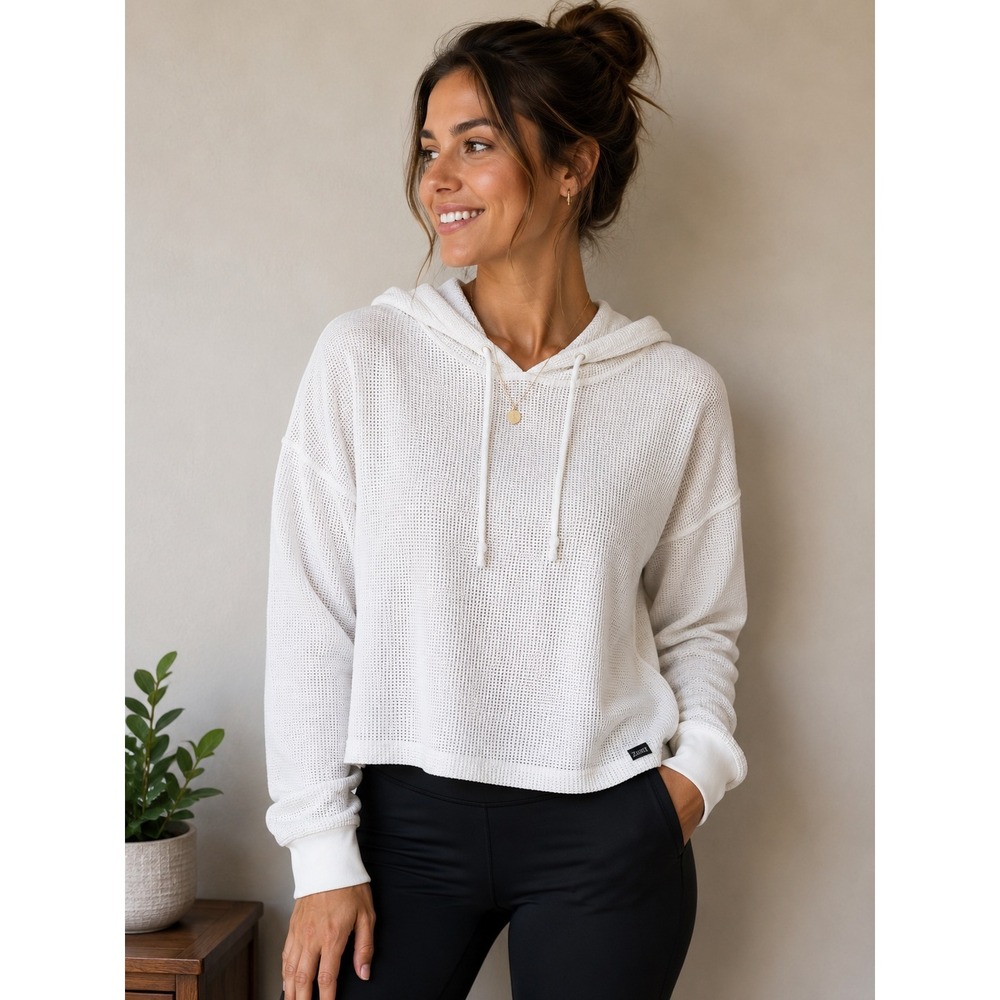 PINK Victoria's Secret White Waffle Knit Mesh Hoodie Cropped Pullover Large